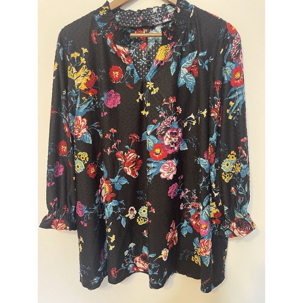 Lane Bryant Women's Shirt Black Floral Swiss Dot Puff Sleeve Ruffle Collar Vneck